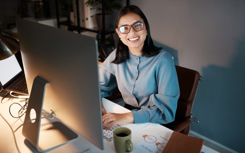 Cyber, hacker or business woman with computer for futuristic cybersecurity, research or blockchain