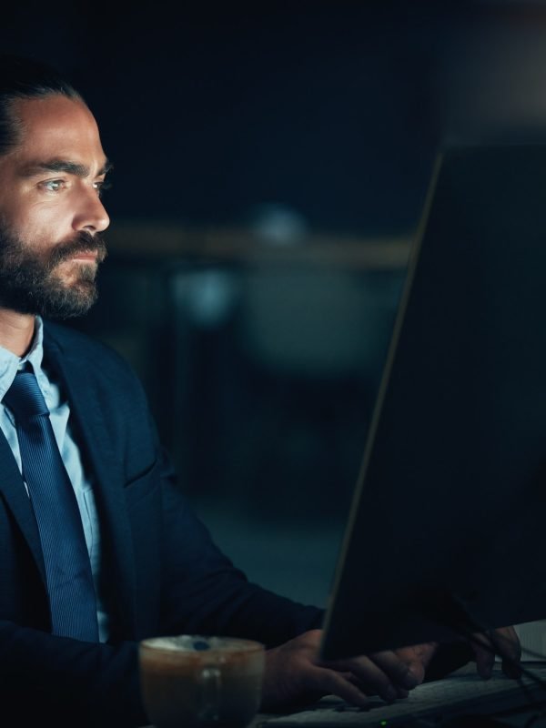 Cyber security man, digital programmer or computer for thinking web design engineer working on ux s