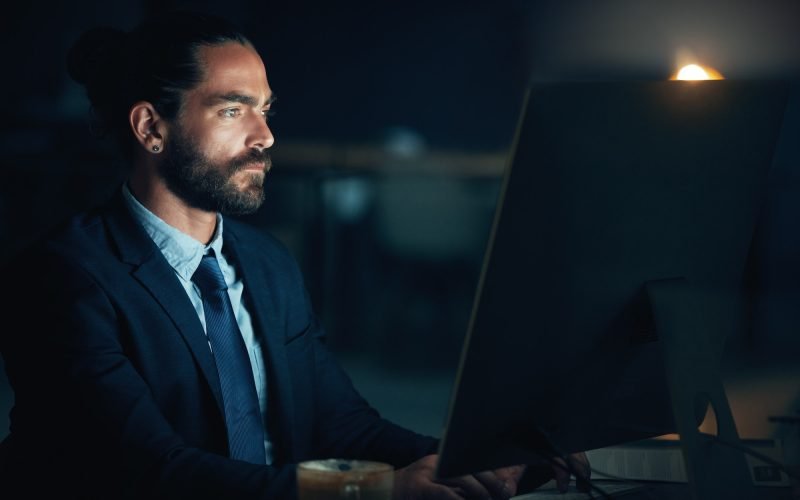 Cyber security man, digital programmer or computer for thinking web design engineer working on ux s