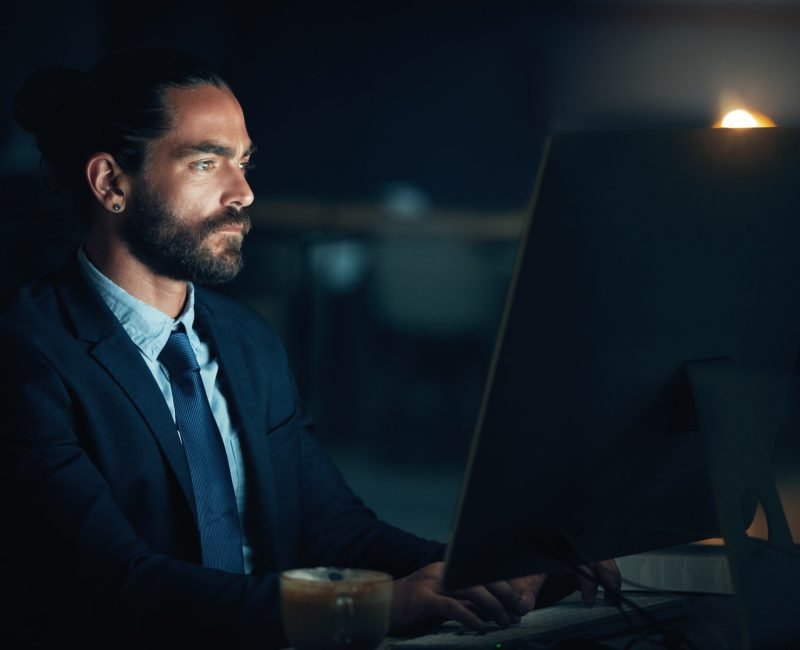 Cyber security man, digital programmer or computer for thinking web design engineer working on ux s