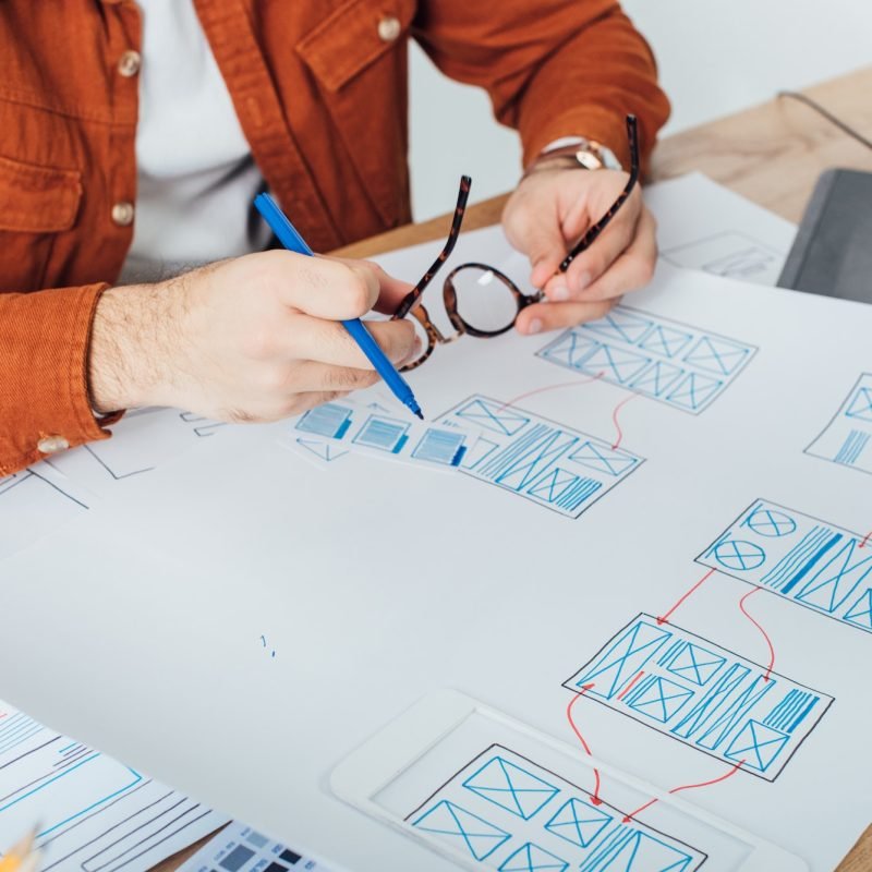 Cropped view of designer holding eyeglasses and marker near templates of user experience design on