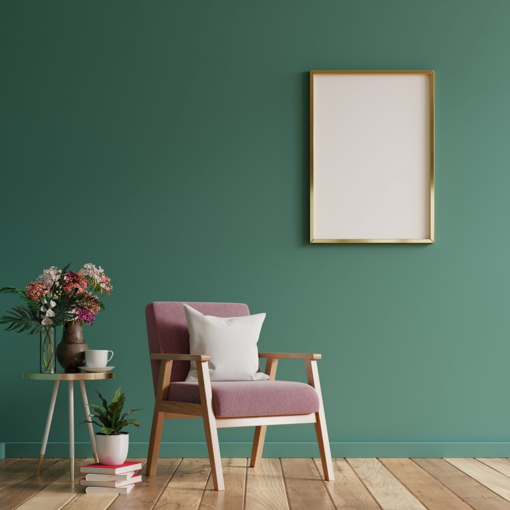 Mock up poster in modern living room interior design with green empty wall.