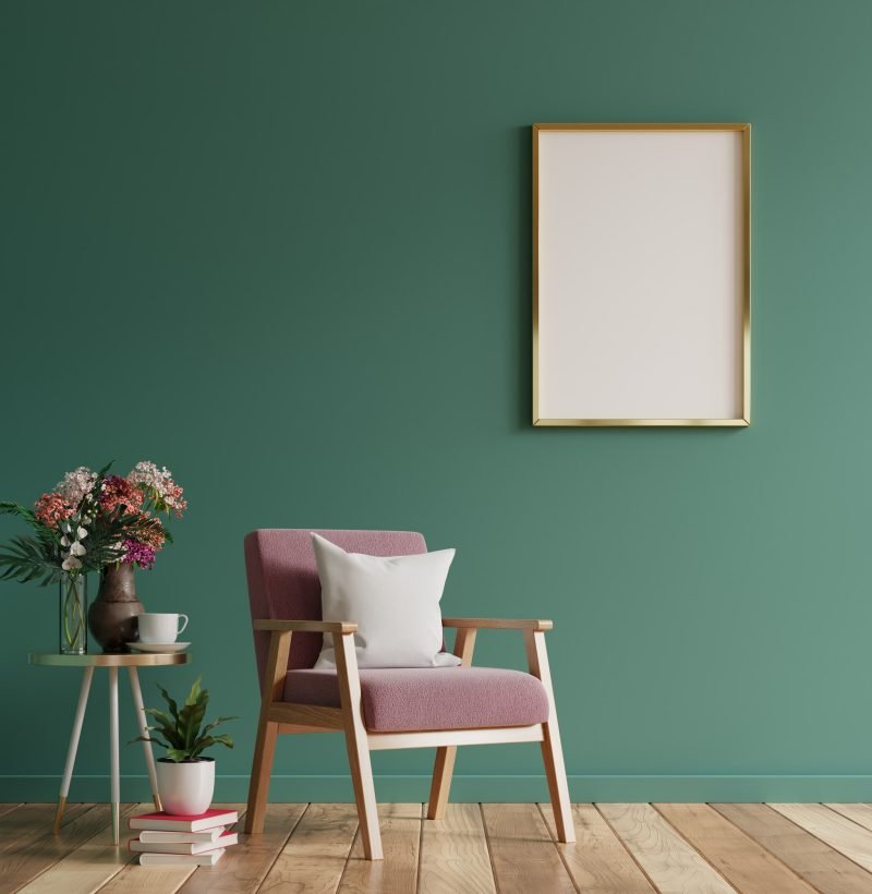 Mock up poster in modern living room interior design with green empty wall.