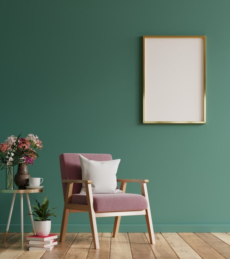 Mock up poster in modern living room interior design with green empty wall.