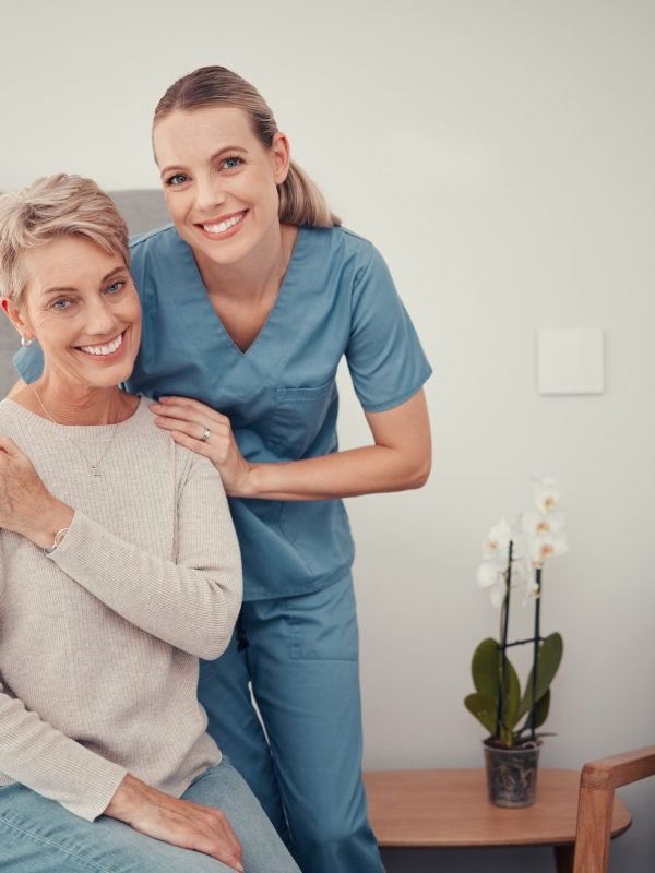Homecare, senior healthcare and doctor helping a sick woman with care in bedroom of home. Portrait