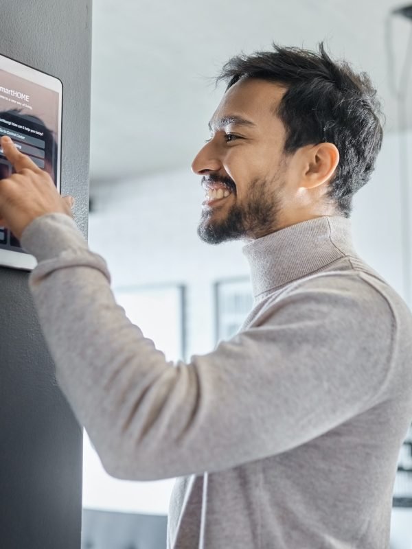 Smart home technology, wall system or man with digital dashboard screen for room lighting, safety s