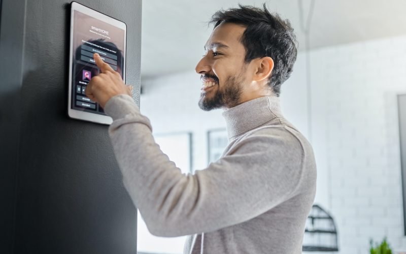 Smart home technology, wall system or man with digital dashboard screen for room lighting, safety s